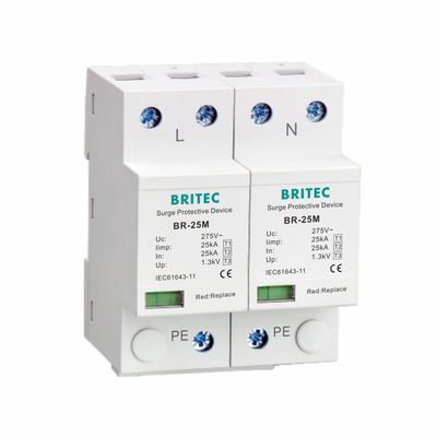 одиночная фаза T1 10/350us 2P ограничителя перенапряжения 275V 1.3kV типа 1 25kA