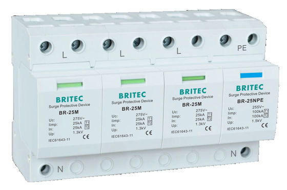 25kA T1+T2 Сверховой блокировщик DIN Rail Mount Lightning Protector для низковольтных систем переменного тока