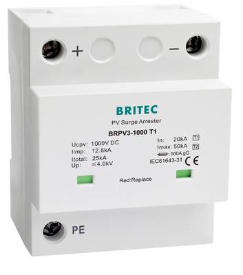 BRPV3-1000 T1 50kA DC 1000В 12.5kA УЗИ для фотоэлектрических систем (PV) Устройство защиты от перенапряжений для солнечных панелей (SPD) Подавитель напряжения для солнечных систем